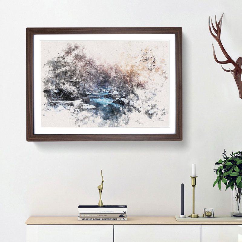 Winter Forest & Stream In Canada Watercolour - Framed Print, Walnut, 33cm H x 45cm W x 2cm D