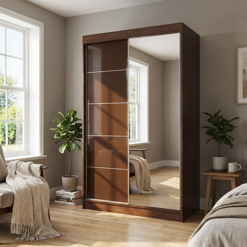 Garde-robe en wengé avec miroir Aria, H 80 po x l 47 po x P 25,5 po, Brun