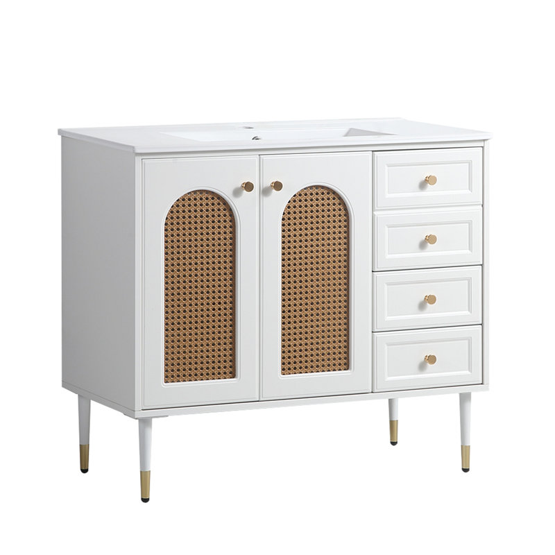 Meuble-lavabo de 36 po avec lavabo en céramique et meuble de rangement en rotin avec deux portes et un tiroir