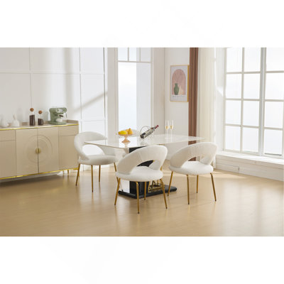 Ensemble de 1 chaises de salle à manger en tissu Teddy avec dossier incurvé et pieds en métal doré pour la cuisine ou la salle à manger