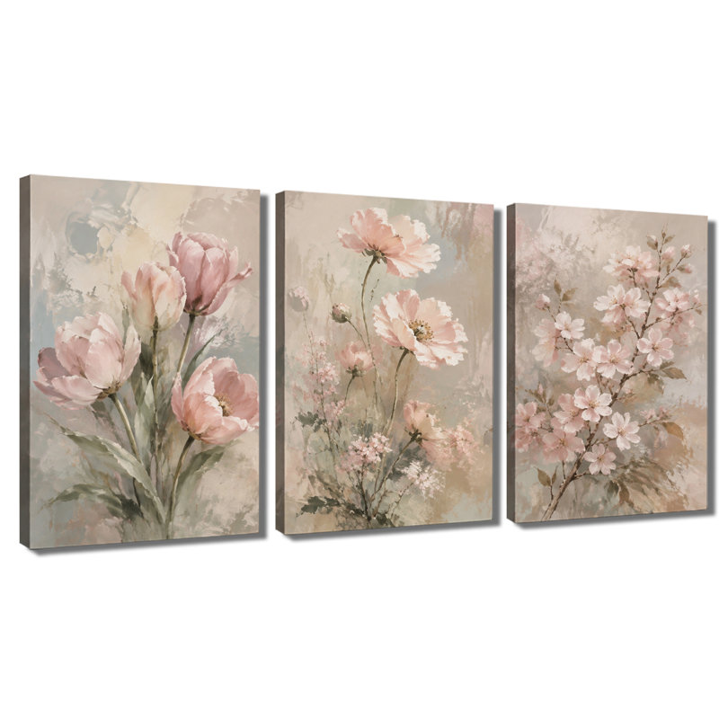 3 panneaux muraux Tulip Poppy Floral, impression sur toile tendue pour le salon, 28 * 40 pouces * 3