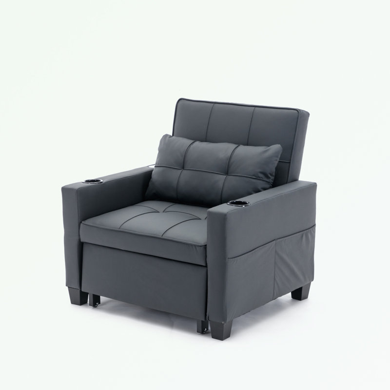 Canapé-lit en cuir escamotable avec ports USB et porte-gobelet, Cuir noir