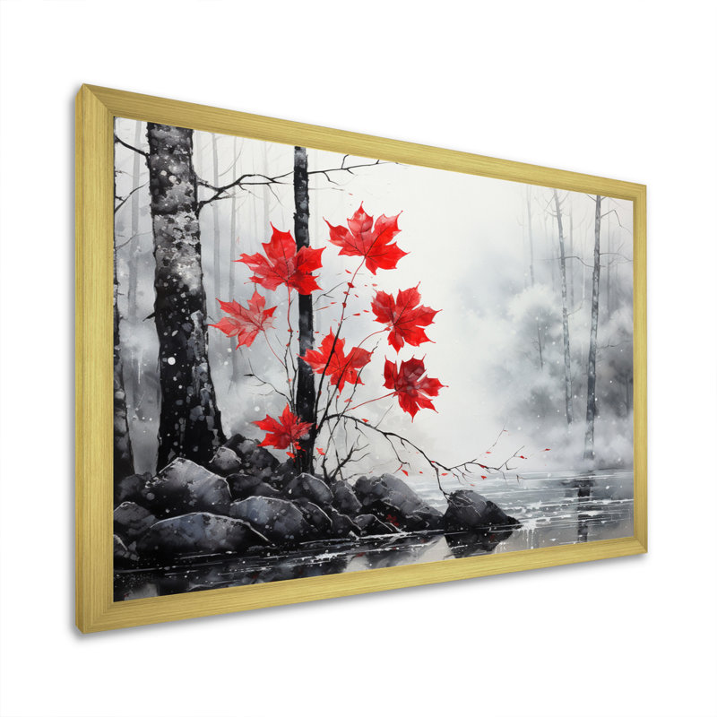 Bianchina, forêt monochrome rouge minimaliste II - forêt, art mural, Cadre doré simple, H 16 po x l 32 po x P 1 po