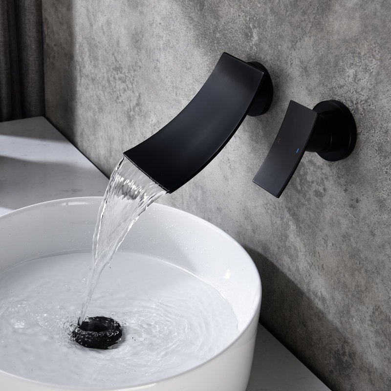 Matte Black Wall Mounted Bathroom Faucet, Brass Fabricated With Expansive Arc Waterfall Spout And Accurate Control Valve For A Smooth Supply Mount Widespread Tap In Black, Made, Large Precise Water