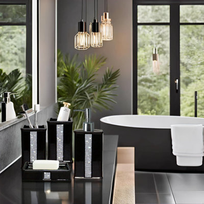 Ensembles d'accessoires de salle de bain pour salle de bain, ensemble de distributeur de savon de salle de bain noir, pompe de distribution de liquide en céramique, 2 gobelets, porte-savon de salle de bain (12 onces noir)