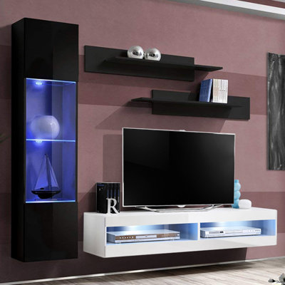 Liddell 85" Modern Floating Wall Mounted Entertainment Center with 16-Color LED Lighting, High Gloss Finish