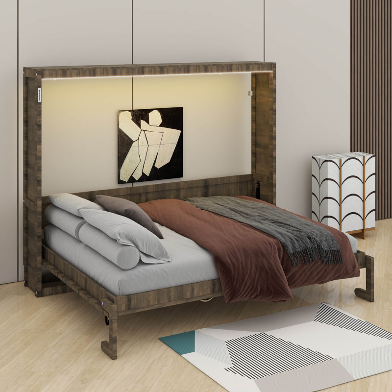 Lit escamotable avec lumière DEL, peut être plié dans une armoire, armoire murale cachée, Lit double, Brun
