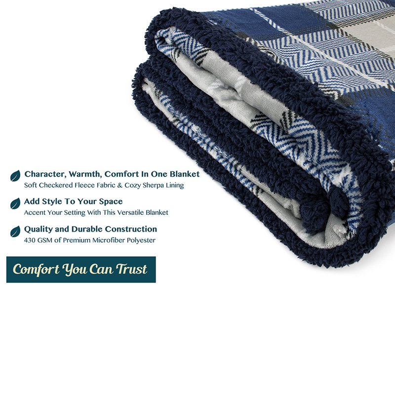 Navy Plaid Twin Reversible Sherpa Fleece Blanket