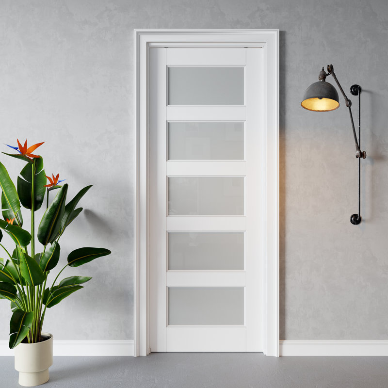 Porte intérieure coulissante à 5 carreaux en verre dépoli, MDF CARB P2 et verre trempé SGCC, avec cadre renforcé et quincaillerie incluse, pour chambre à coucher, préfinie et imperméable, idéale pour garde-manger, chambre, salle de bain et garde-robe, teinture facile à appliquer soi-même, 61 x 203 cm