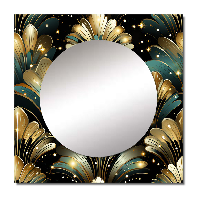 Miroir riche en or et émeraude, 23 po x 23 po