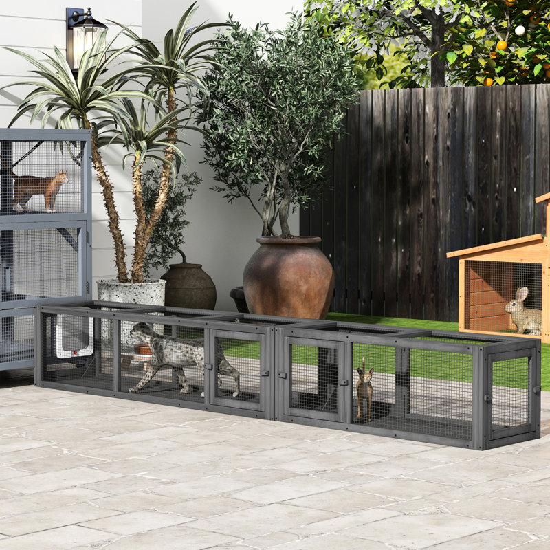 Cat Tunnel Outdoor, 98 po, combinaison en bois, 8 portes, gris foncé pour le plaisir 98 po chats en bois d'extérieur, chiots, animaux de compagnie