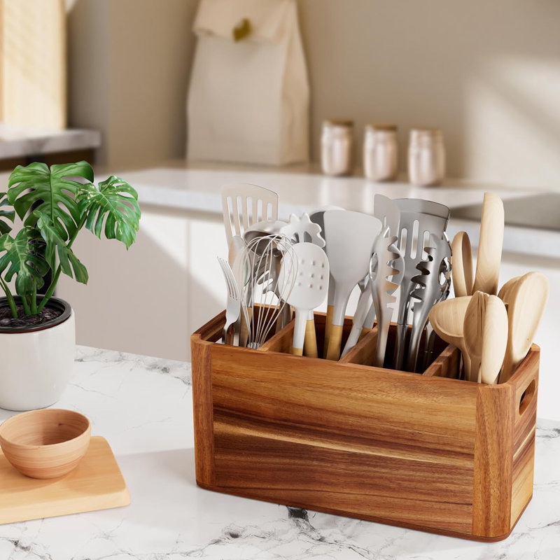 Wood Utensil Holder For Kitchen Counter, Extra Large 4-Compartment Countertop Organizer For Spatulas And Cooking Tools Storage