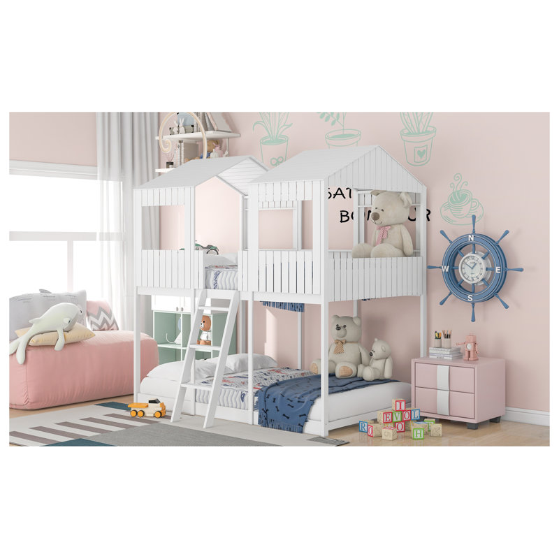 Lit superposé double au-dessus de double avec toit et fenêtre, structure de lit pour enfant en bois massif blanc avec échelle et garde-corps