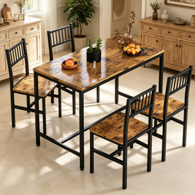 5-Piece Dining Set for 4, Rectangular Vintage Dining Table with 4 High-Back Dining Chairs, Space-Saving Industrial Dining Table Set for a Breakfast No