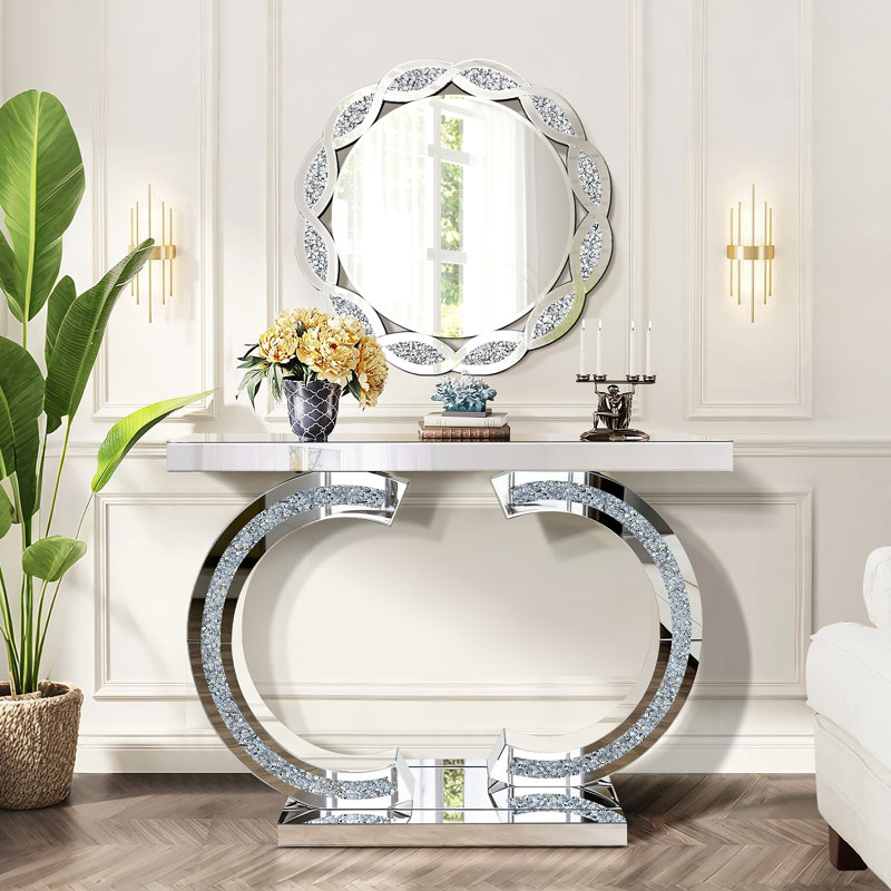 Silver Mirrored Console Table With Crushed Diamond Inlay, 39.4'' Long Entryway Sofa Table, Double C-shaped Base Modern Accent Narrow Table For Living Room, Hallway, Foyer, Entrance