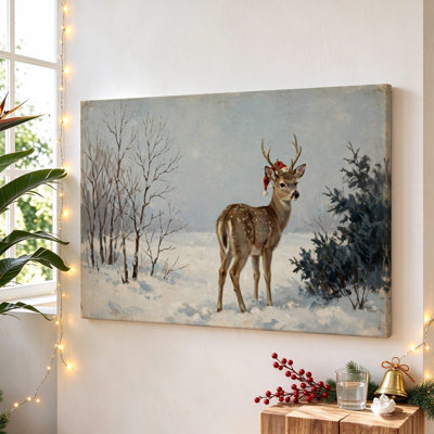 Cerf dans une clairière enneigée, tableau sur toile tendue, 50 x 75 cm, décoration murale moderne pour salon et chambre