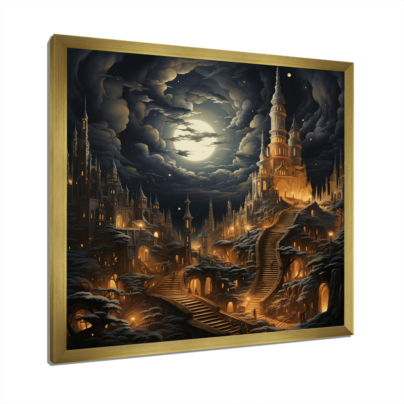 «Islam Moonlight Ascendant Minaret» sur toile, Cadre doré simple, H 24 po x l 24 po x P 1 po