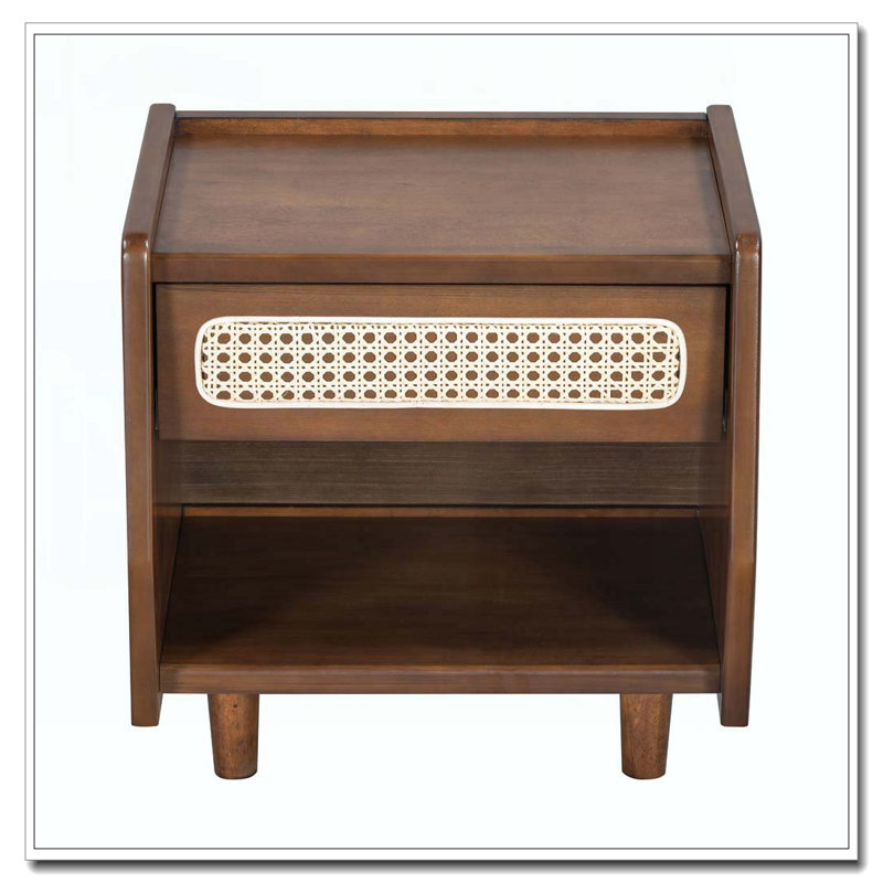 Table de chevet avec détails en rotin, Noyer