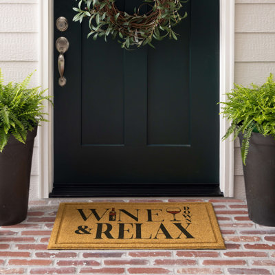 Brumit Wine and Relax Novelty Print Faux Coir Polyester Recycled Rubber All Weather Outdoor Door Mat