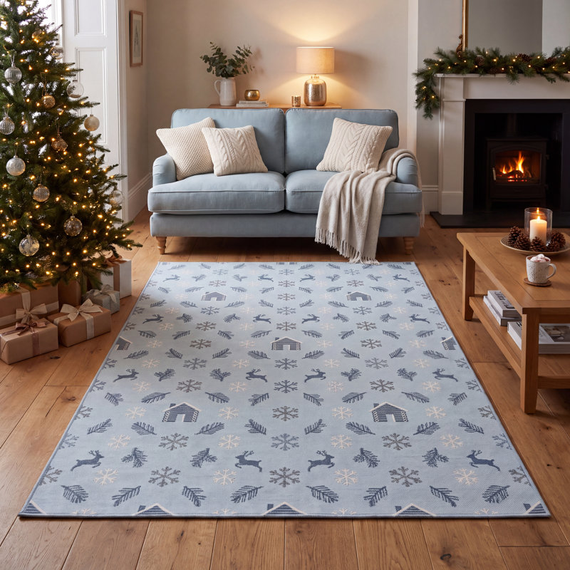 Tapis d'hiver Watermill, style géométrique moderne, bleu, gris et blanc, antidérapant, à poils courts, pour l'intérieur et l'extérieur, adapté aux animaux domestiques, idéal pour le salon, la chambre, la salle à manger, l'entrée, le corridor, le bureau ou un chalet. Décoration de Noël. Lavable.