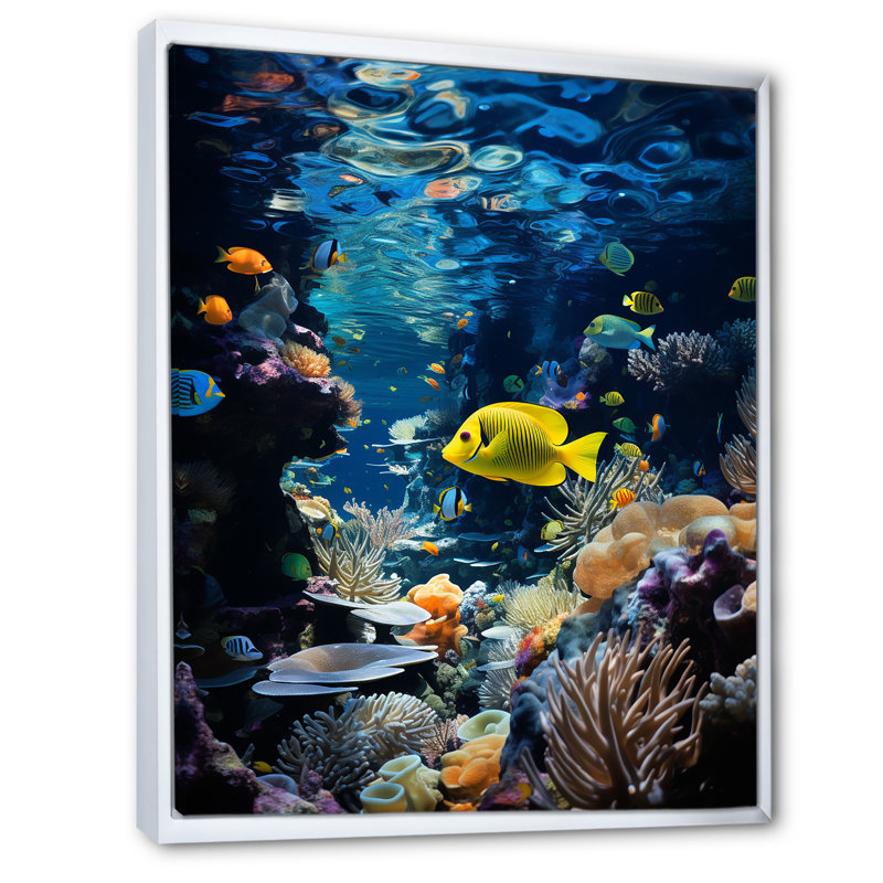 «Blue Butterfly Fish Marine Grace», art mural poisson papillon, Cadre flottant blanc, H 32 po x l 16 po x P 1 po