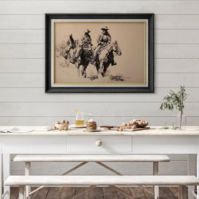 Western Cowboy Sketch Horse Riders Artwork, Office Room Pictures, Framed Canvas Giclee Print Wall Art