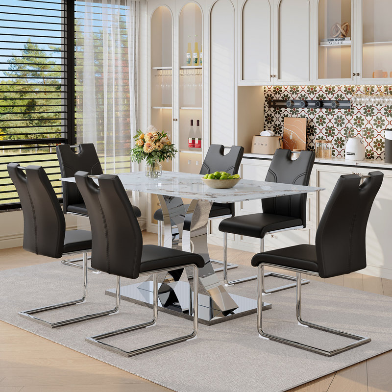 Ensemble de salle à manger à pieds en acier inoxydable avec plateau en verre trempé blanc de 63 pouces et 6 fauteuils en forme de U de style minimaliste moderne