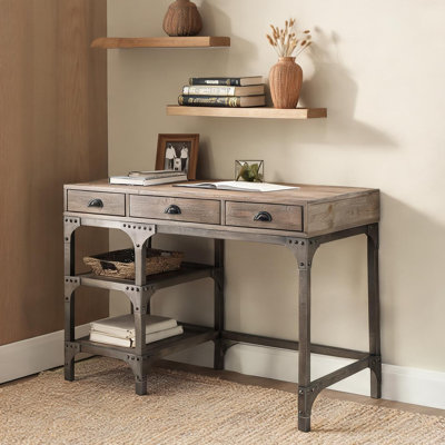 Bureau d'écriture de 47 pouces avec trois tiroirs, finition chêne vieilli et finition argent, poste de travail rectangulaire pour le bureau à domicile