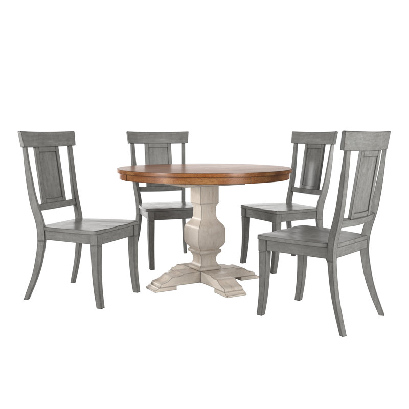 Lumley 45" Round Solid Wood Oak Finish Top 5-Piece Dining Set With Panel Back Chairs, White, Gray