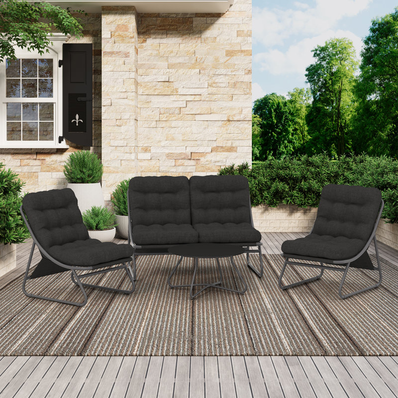 Ensemble de meubles de patio en métal 4 pièces, ensemble de conversation moderne avec table basse en verre trempé