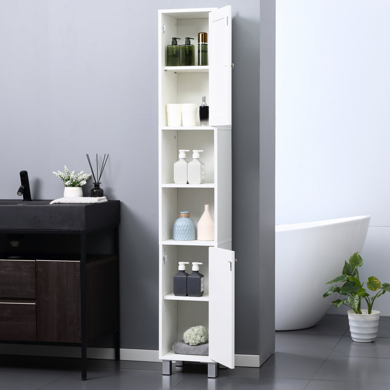 Armoire haute pour salle de bain - blanc, miroir, tablettes réglables, tour autoportante blanche avec miroir et tablettes