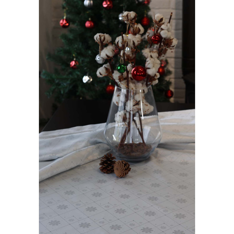 Snowflake Tablecloth, 110" L x 59" W, White/Silver