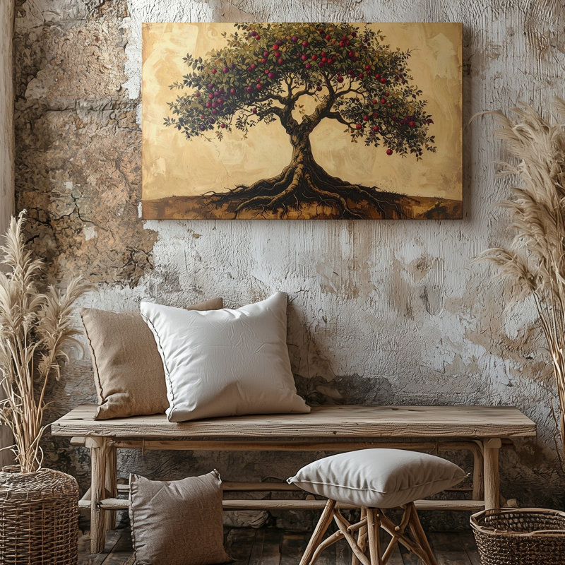 Art mural sur toile, arbre de vie, arbre fruitier avec des racines profondes sur fond parchemin, H 11 po x l 14 po