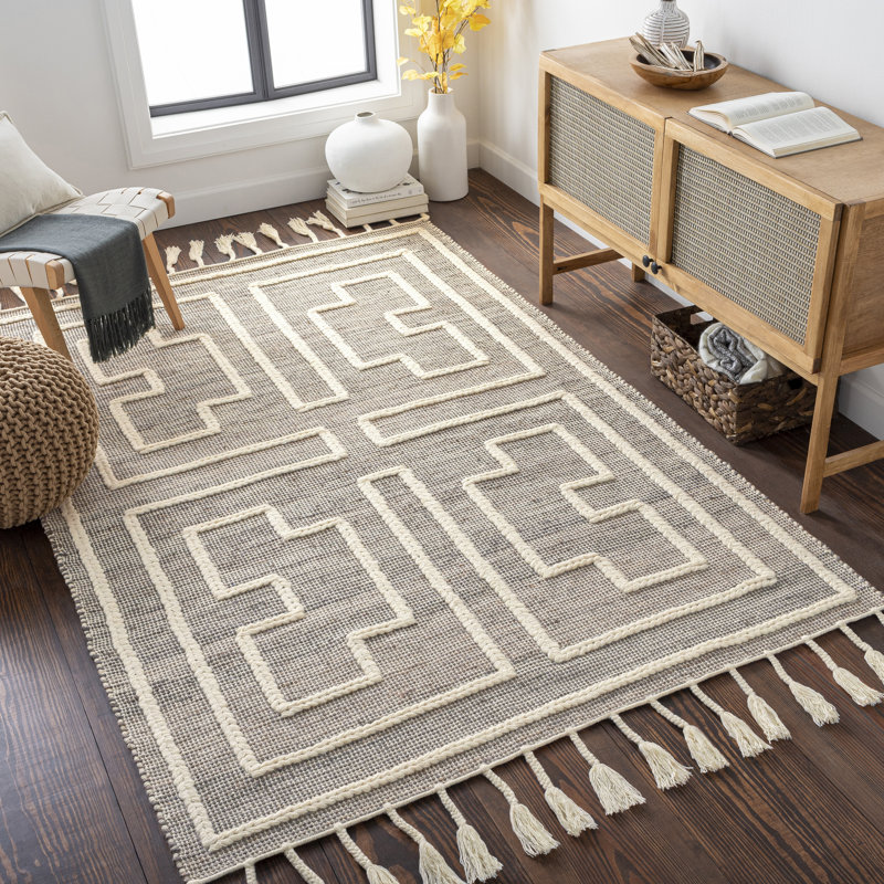 Tapis gris / blanc tissé à plat à la main Rodriguez, Rectangle 8 pi x 10 pi