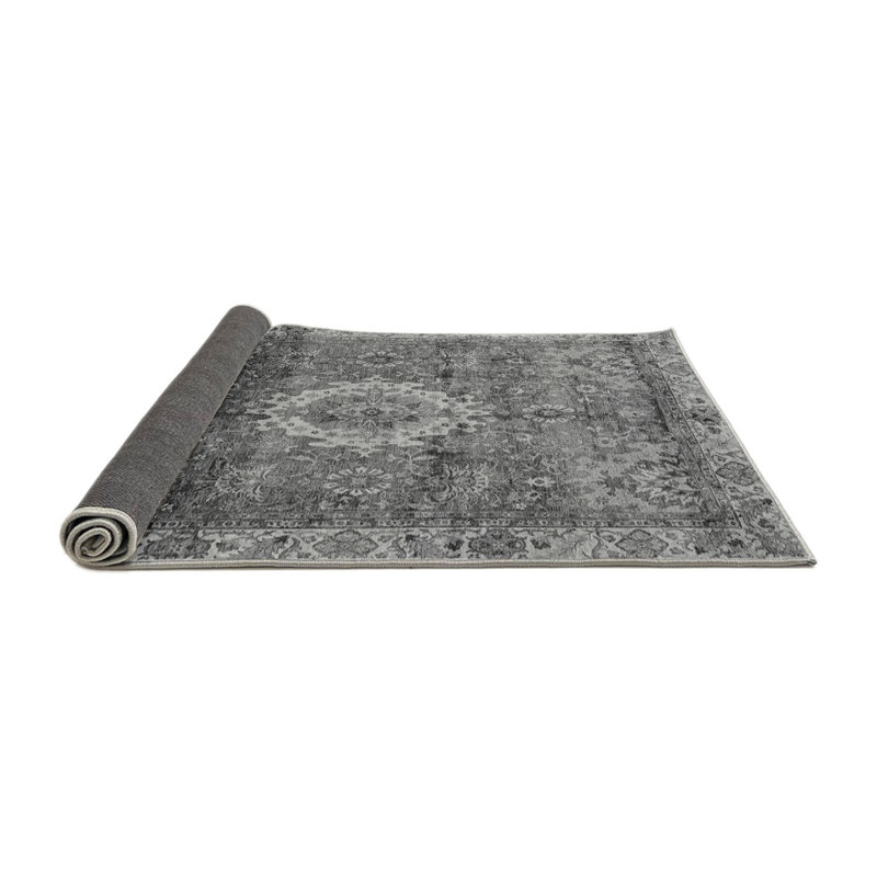 Tapis oriental gris tissé à la machine en gris / blanc / noir, Rond 4 pi