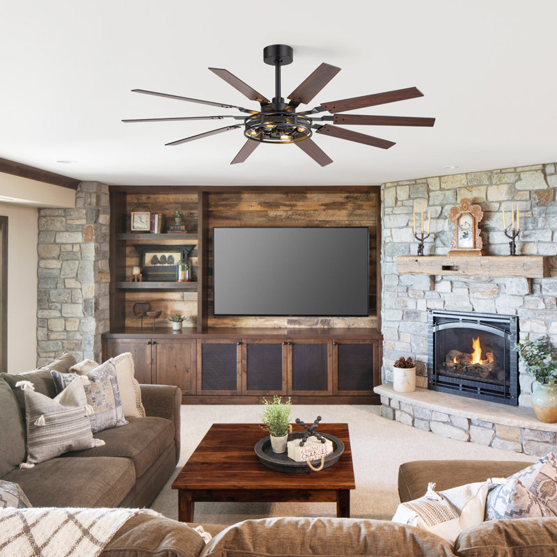 60" Industrial Ceiling Fan with Light Kit and Remote, 10-Blade Black/Walnut Fan, 4-Light E12 Socket, 6-Speed Reversible DC Motor