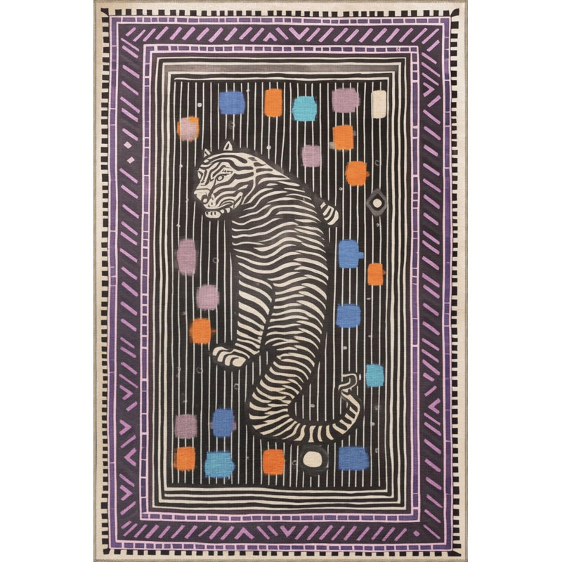 Purple Black Themed Tiger Patterned Creative Modern Decorative Carpet, Round 4'