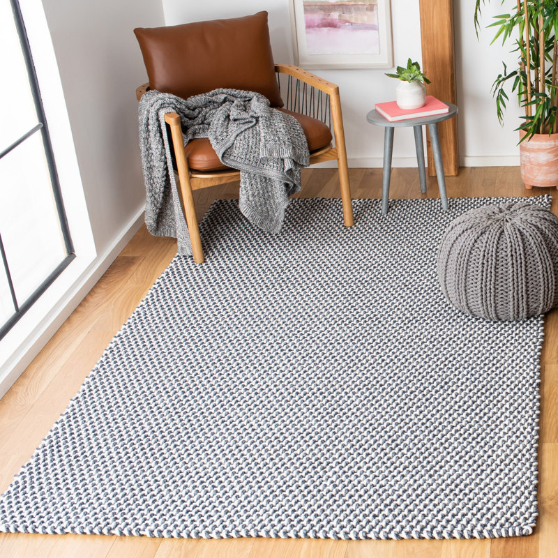 Tapis bleu en coton tissé à plat à la main Bernella, Rectangle de 5 pi x 8 pi