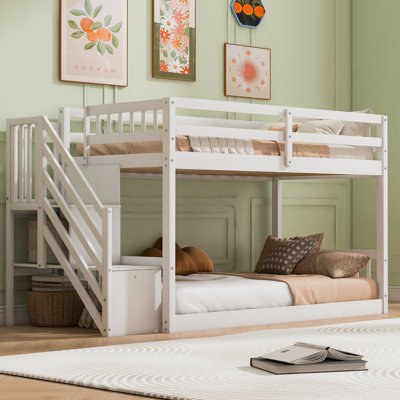 Lit superposé simple au-dessus de simple, échelle avec rangement - 94,9 x 41,6 x 50 pouces - Panneau de particules et panneau de fibres à densité moyenne et bois de pin - 1 pièce - Lit superposé - Blanc - Rangement peu encombrant