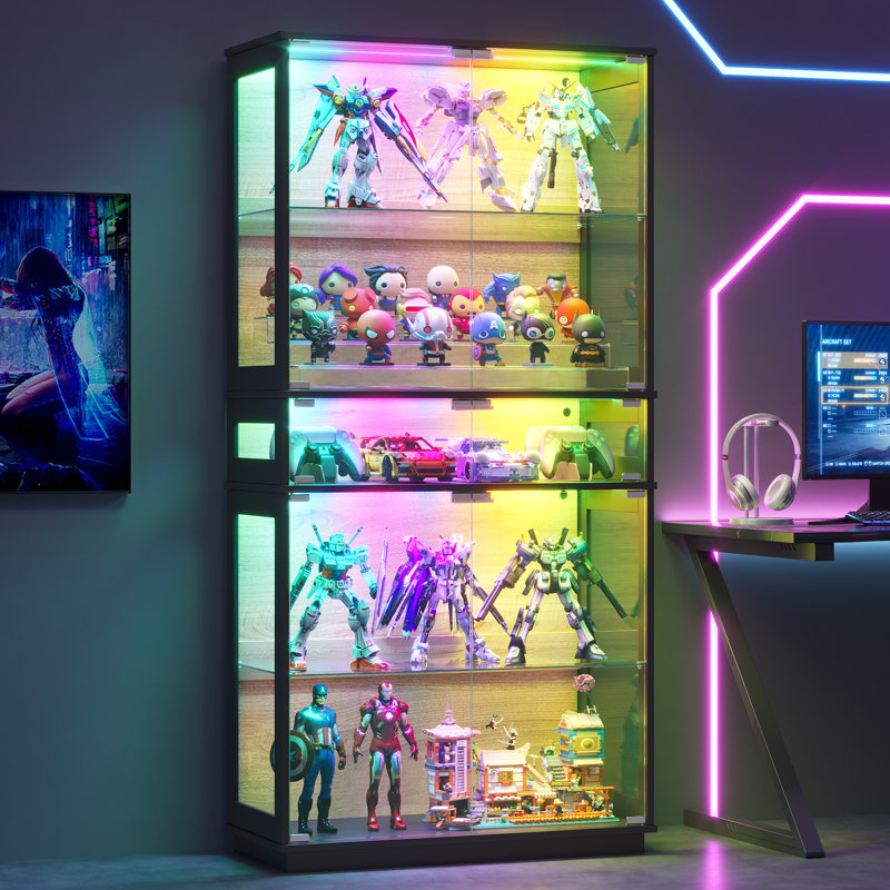Vitrine 65 po, vitrine 5 niveaux, bibliothèque avec lumières RVB, Noir