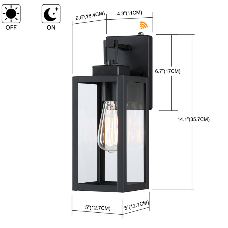 1-Light Matte Black Outdoor Wall Lantern with Dusk to Dawn, 14.1" H x 5" W x 5" D