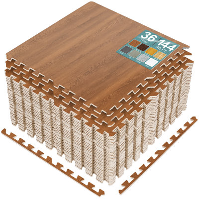 Sorbus Waterproof Wood Grain Foam Floor Tiles, 36 Tiles, 144 Sq Ft, Interlocking, Pecan