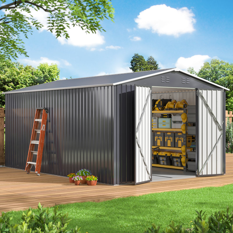 Remise de rangement extérieure en acier galvanisé avec plancher VIWAT l 10 pi x P 14 pi, 10 x 14 pi