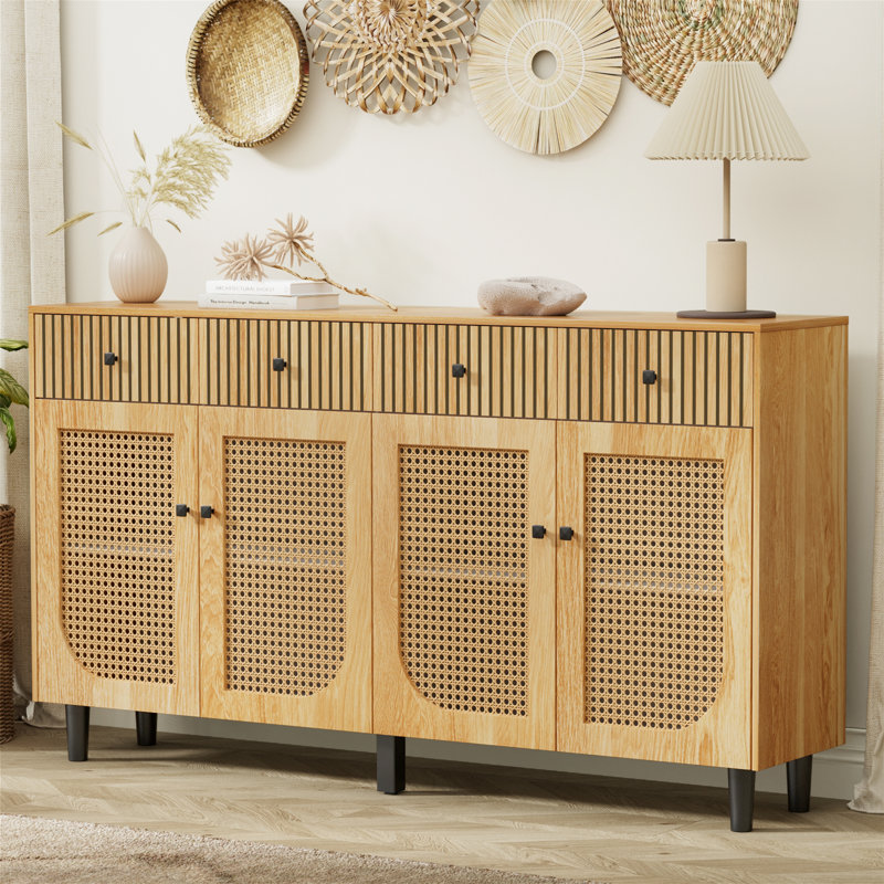 63'' Sideboard Buffet Cabinet With Storage With 4 Drawers & 4 Rattan Doors