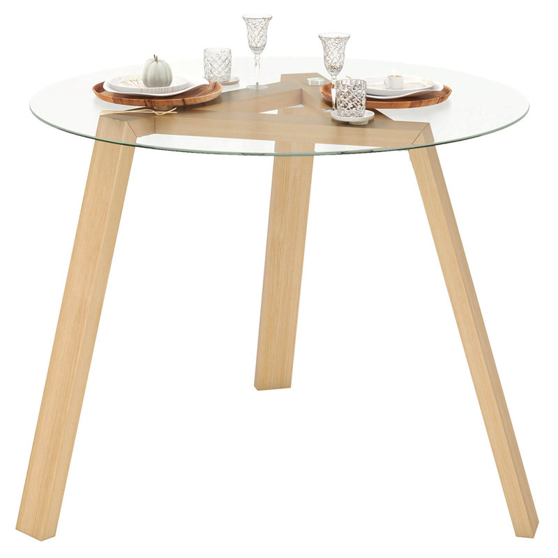 Costway 35.5" Round Glass Dining Table For 4 With Tempered Glass Tabletop Rubber Wood Frame, Natural