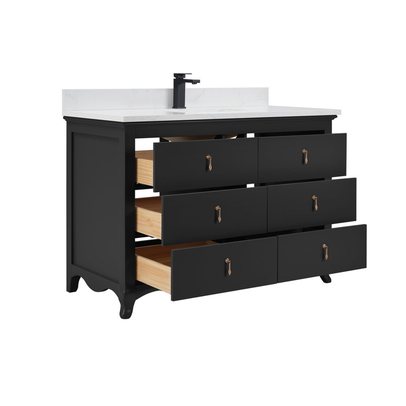 48" Solid Wood Single Bathroom Vanity with 1” Engineered Stone Top, Tricon Black