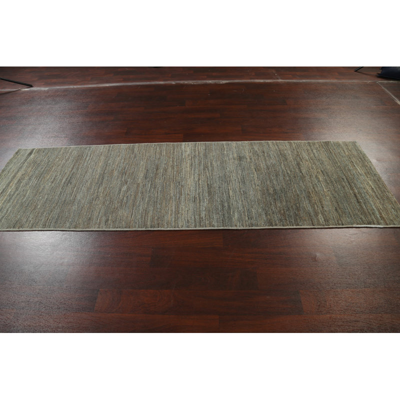 Tapis de couloir gris en laine noué à la main de conception unique 2 pi 11 po x 9 pi 6 po New Age