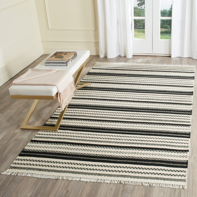 Tapis rayé en laine / coton tissé à la main en noir / ivoire Liara