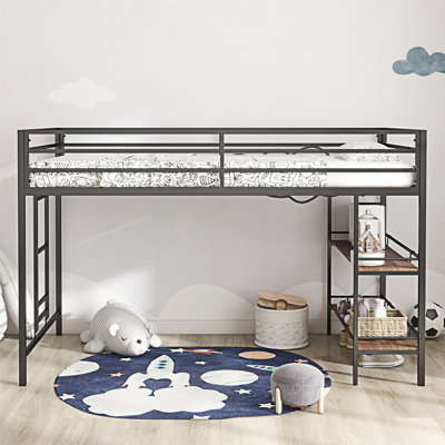 Harlean Black Metal Loft Bed with Ladder