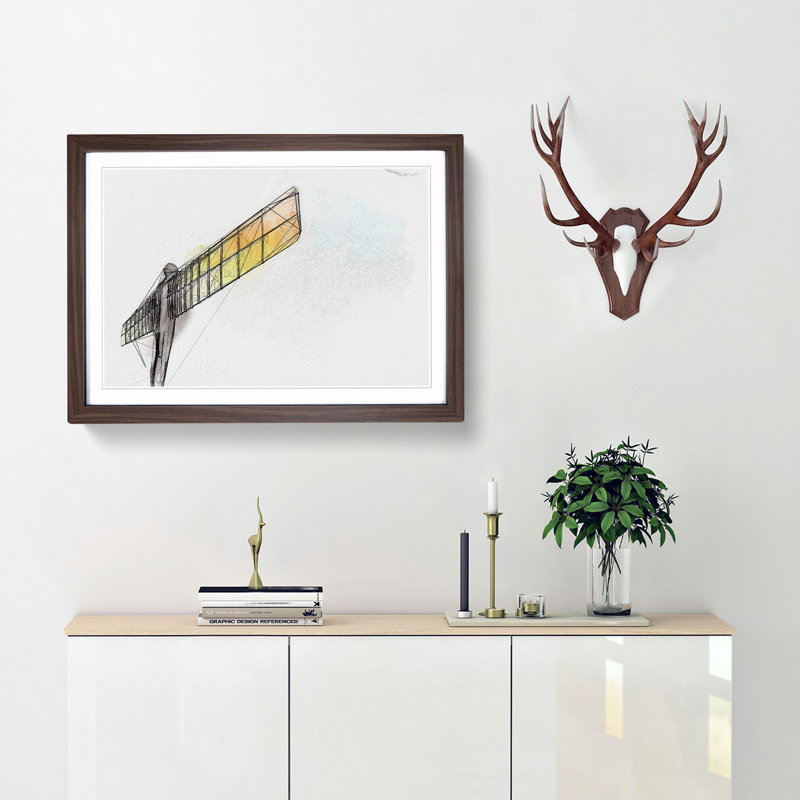 Angel of the North in Gateshead in Abstract - Picture Frame Graphic Art Print, 27cm H x 36cm W x 2cm D, Walnut Framed